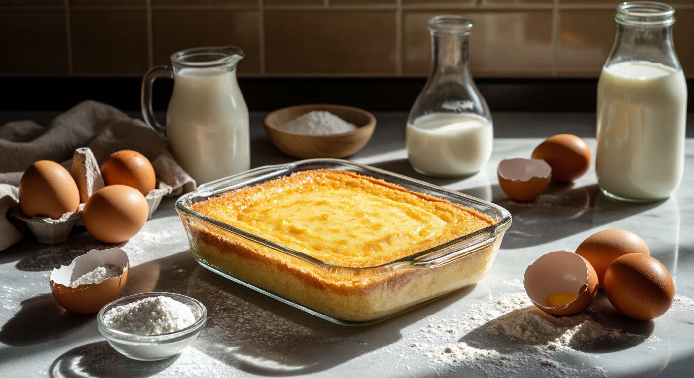 A small glass baking dish filled with golden-brown cake batter, surrounded by fresh ingredients like eggs, sugar, milk, and flour on a sunlit Turkish kitchen counter.