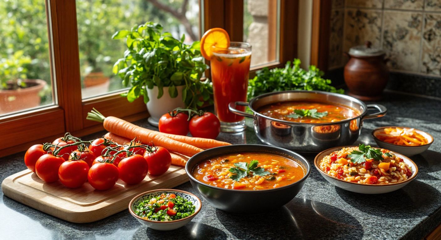 A vibrant Turkish kitchen countertop with fresh tomatoes, carrots, and peppers arranged neatly beside a wooden cutting board, a steaming pot of semizotu stew, a bowl of aromatic arpa şehriye soup, a colorful blended drink in a glass, and a small dish of leço meze, all bathed in warm sunlight.
