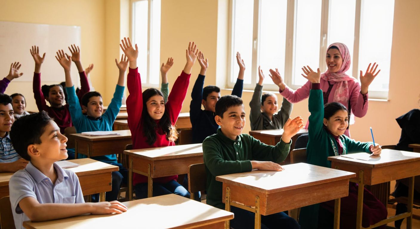 A group of diverse Turkish students of different ages sitting at wooden desks in a sunlit classroom, eagerly raising their hands with hopeful expressions, while a teacher in traditional attire smiles warmly at them.