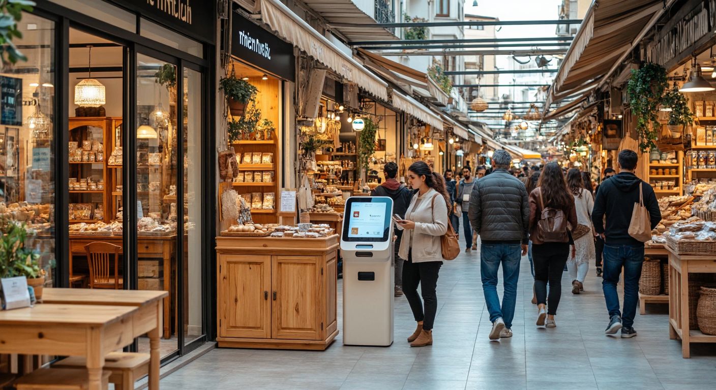A bustling Turkish marketplace with wooden furniture displays and a modern fintech kiosk side by side, surrounded by curious shoppers in casual attire.