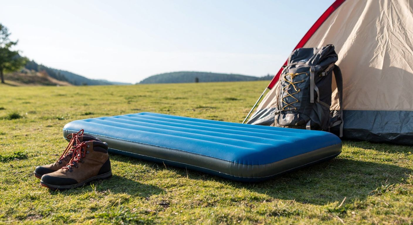 A sturdy, inflated single air mattress lies on a grassy campsite under a clear blue sky, with a backpack and hiking boots nearby, conveying durability and outdoor adventure.