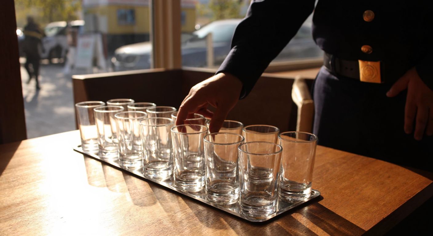 A neatly arranged row of clear glass cups on a wooden table in a sunlit Turkish café, with a customs officer in uniform examining one cup closely.