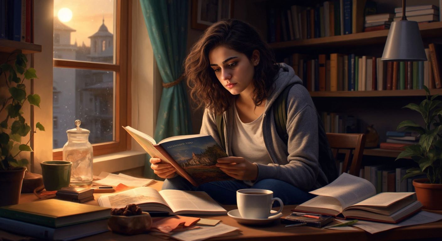 A young Turkish student in a cozy study nook, thoughtfully flipping through a colorful Altın Karma Yayınları workbook, with a mix of curiosity and hesitation on their face, surrounded by scattered test papers and a steaming cup of çay.