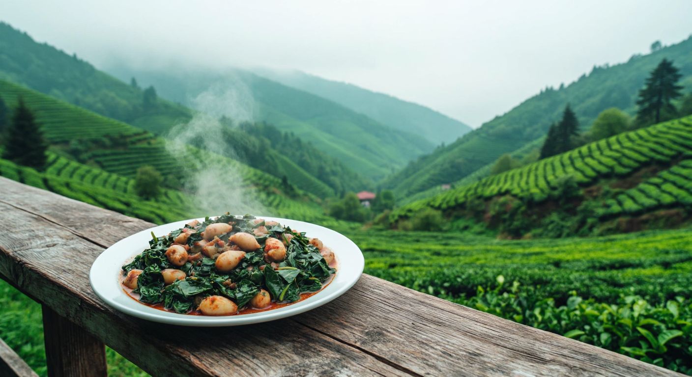 A steaming plate of *kırniş yemeği* (a traditional Black Sea dish with leafy greens) sits on a rustic wooden table, surrounded by lush green hills and tea plantations under a misty sky, evoking the coastal charm of Rize and Artvin.