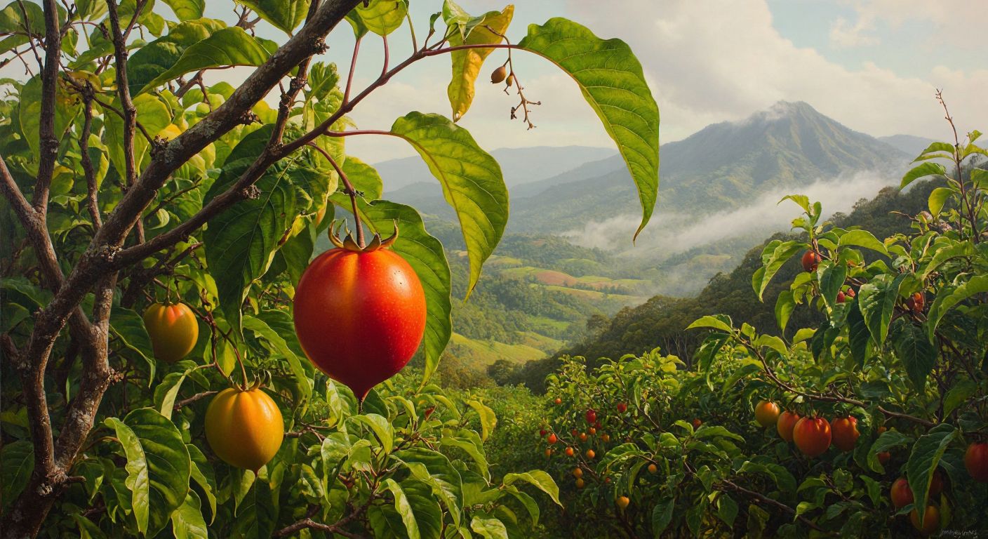 A vibrant tamarillo fruit glistening under tropical sunlight, surrounded by lush green foliage in a misty highland orchard, with distant volcanic hills hinting at its New Zealand origins.