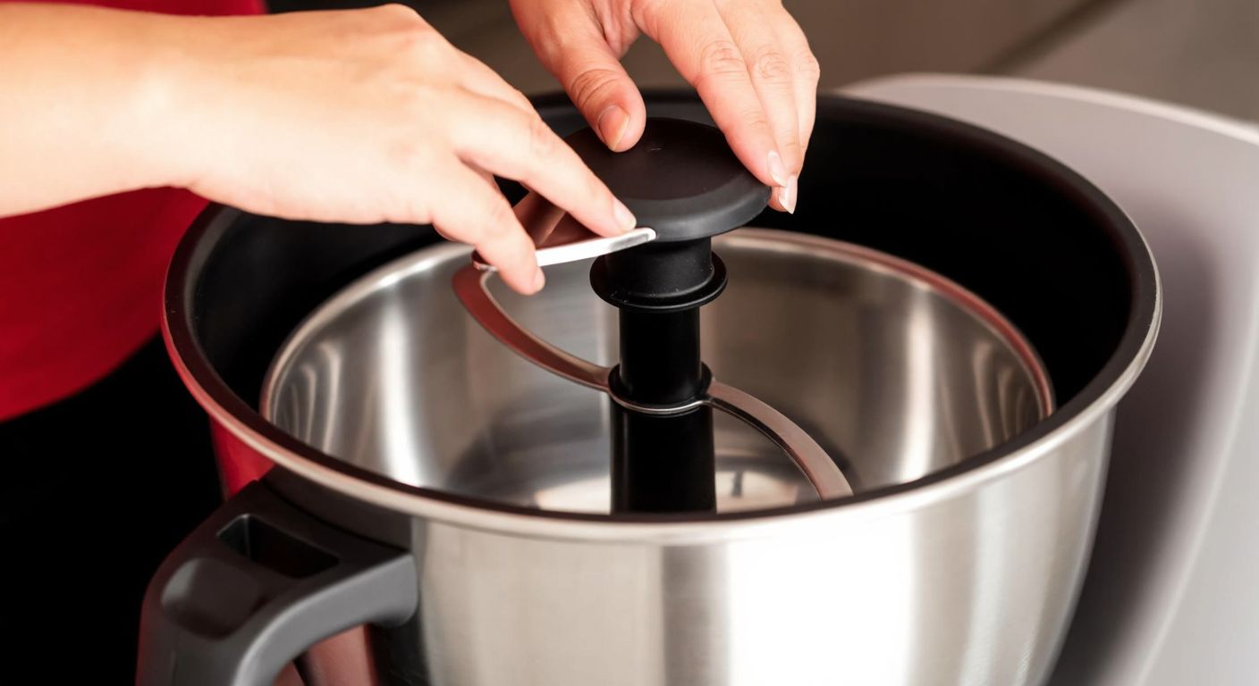 A close-up of hands carefully attaching a stainless steel dough blade to the base of a Thermomix TM6 mixing bowl, with warm kitchen lighting reflecting off the metal surfaces.