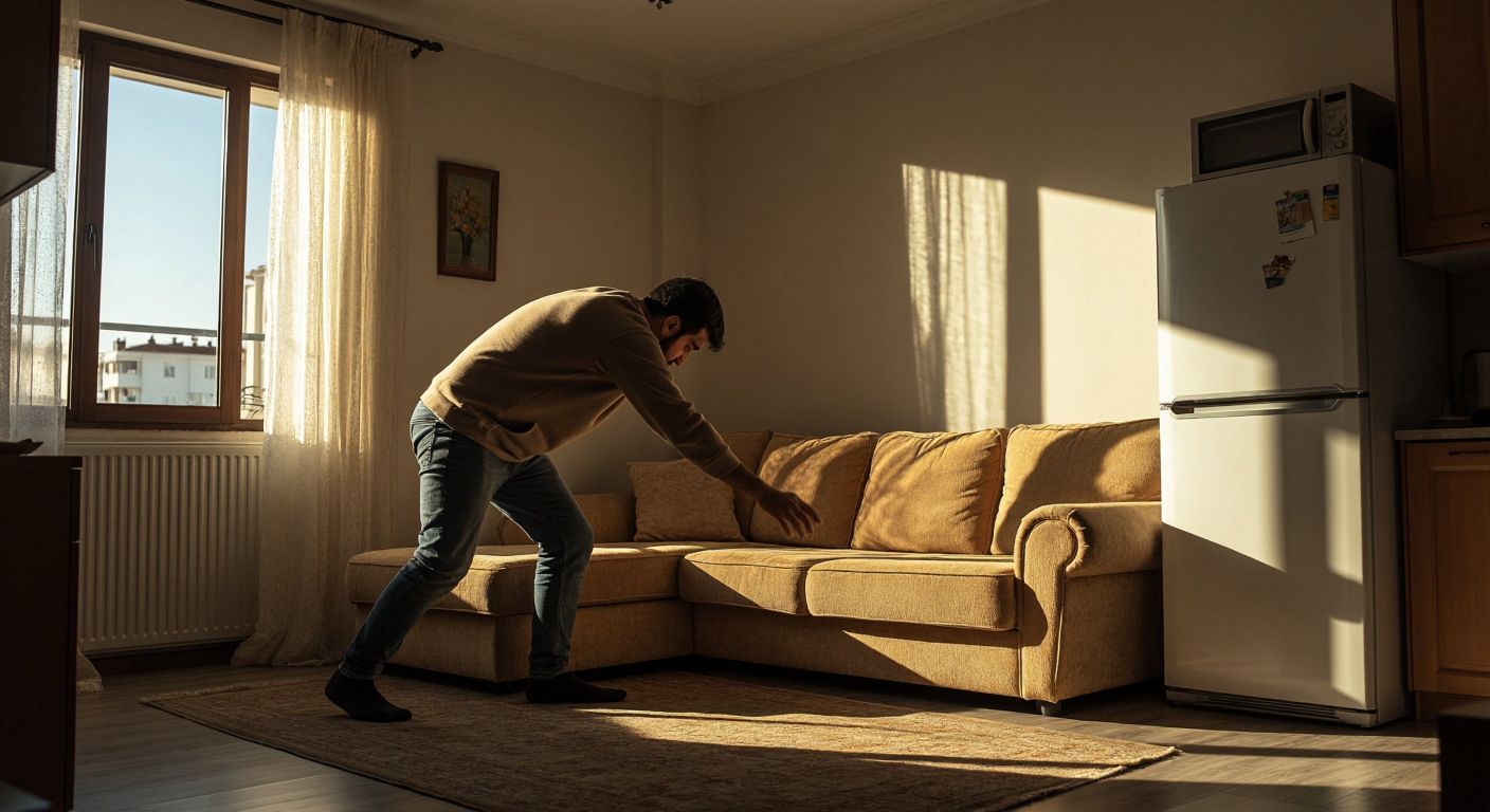 A frustrated person in a Turkish apartment struggling to lift a bulky sofa, with a refrigerator and a disassembled wardrobe nearby, all casting shadows under warm indoor lighting.