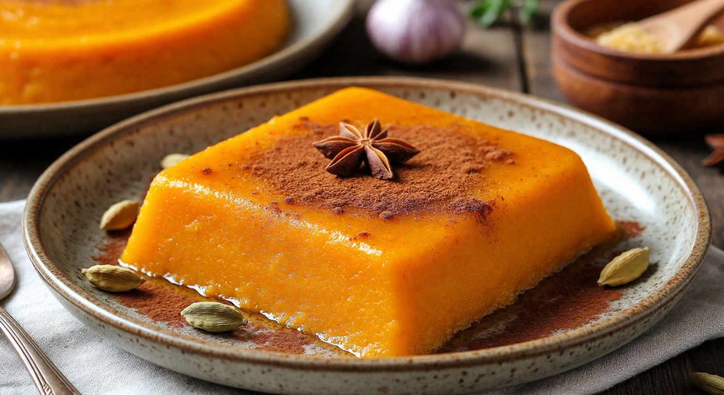 A warm, golden-orange pumpkin dessert (balkabağı helvası) sprinkled with fragrant cinnamon and cardamom, served on a rustic ceramic plate in a cozy Turkish kitchen with wooden utensils nearby.