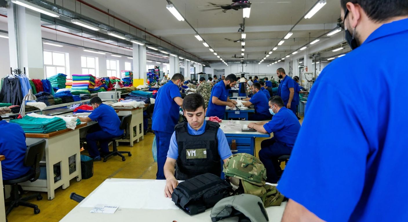 A bustling Turkish textile factory floor with workers in blue uniforms sewing ballistic vests and tactical gear, while stacks of colorful fabric rolls and finished garments fill the background.