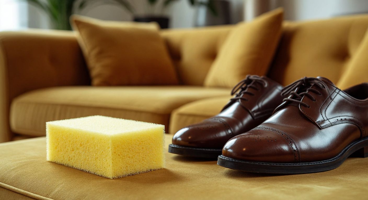 A close-up of a soft yellow sponge gently scrubbing a shiny leather shoe, with a pair of well-polished sneakers and a clean fabric couch in the background.