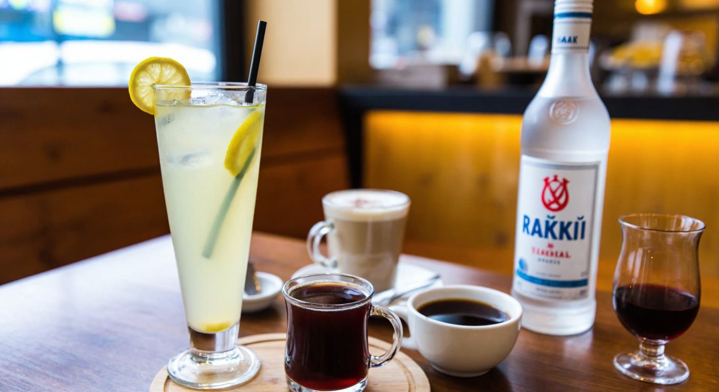 A vibrant wooden table in a Turkish café displays a refreshing glass of lemon-infused soda, a steaming cup of Turkish coffee, a creamy milkshake, a bottle of rakı, and a glass of red wine, each representing the beverage categories discussed.