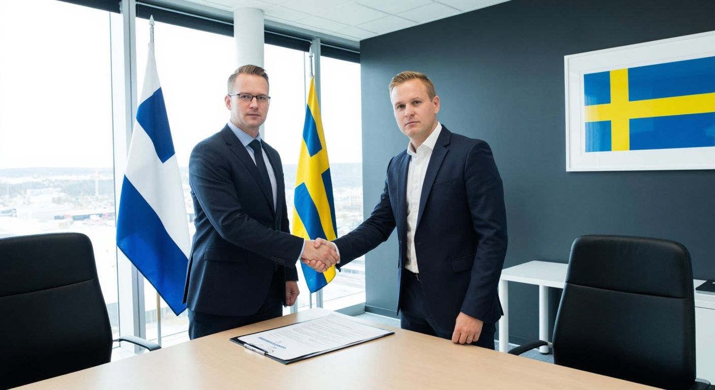 A modern Scandinavian corporate office with Finnish and Swedish flags subtly displayed, featuring two serious executives in suits shaking hands over a document, symbolizing the ownership stakes of Solidium and FAM AB.