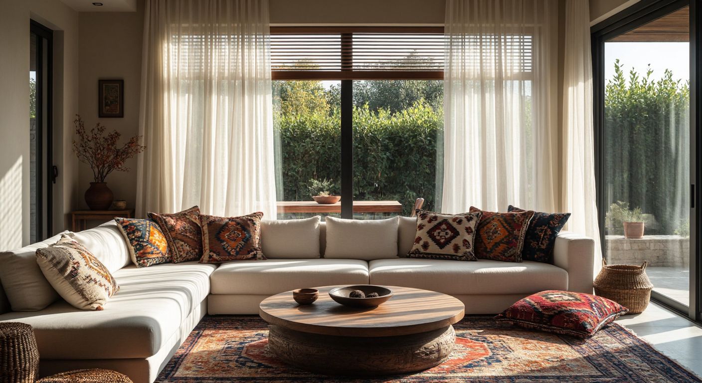A sunlit Turkish living room with sleek screen blinds filtering harsh sunlight on one side, contrasting with delicate tulle curtains billowing softly on the other, framing a cozy seating area with traditional kilim cushions.
