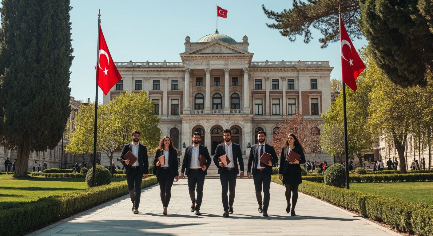 A grand historic university building in Istanbul with students in business attire walking confidently through a sunlit courtyard, holding books and diplomas, surrounded by Turkish flags and lush greenery.