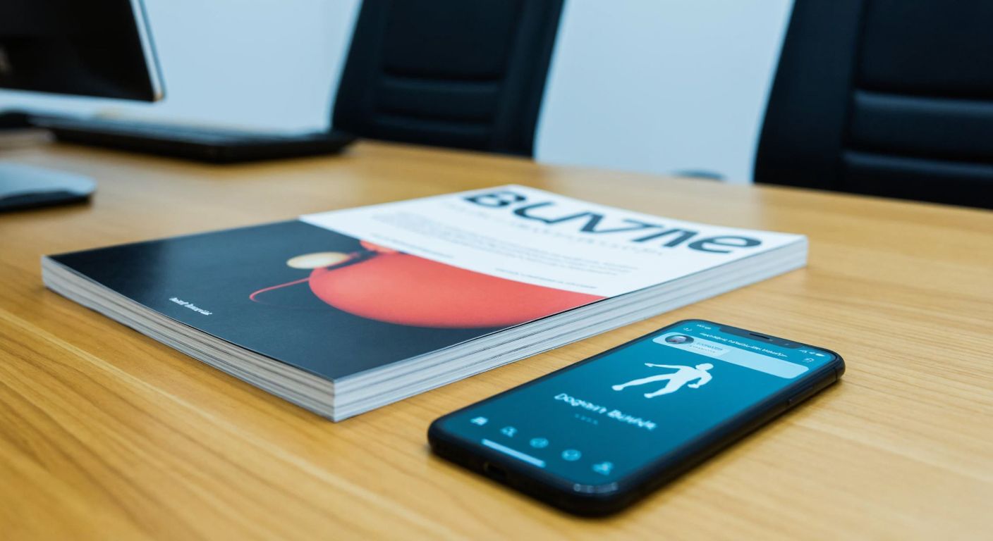 A sleek magazine with a modern design sits on a wooden desk in a Turkish office, while a smartphone displaying a fitness app rests beside it, symbolizing the two distinct entities—Doğan Burda's publication and the app founders' digital venture.