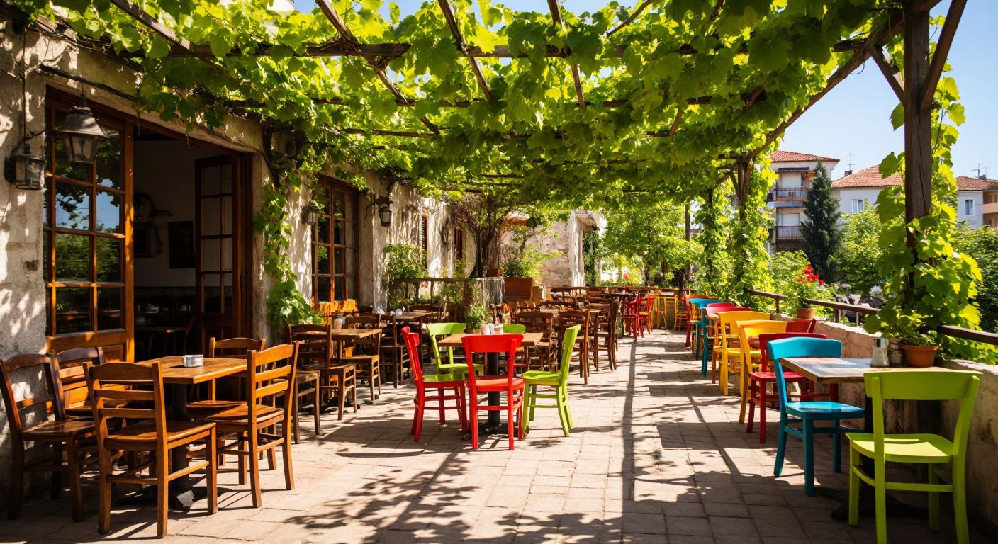 A cozy Turkish café with wooden chairs under a vine-covered pergola, metal chairs on a sunny terrace, and colorful plastic chairs arranged around small outdoor tables.