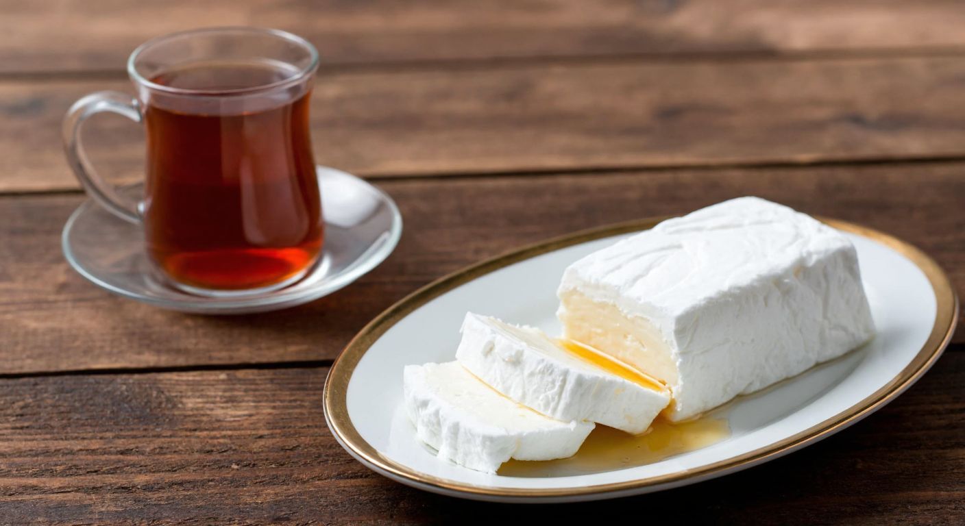 A small plate of creamy Afyon kaymak şekeri with a drizzle of honey, placed on a rustic wooden table beside a cup of Turkish tea, evoking warmth and indulgence while hinting at moderation.
