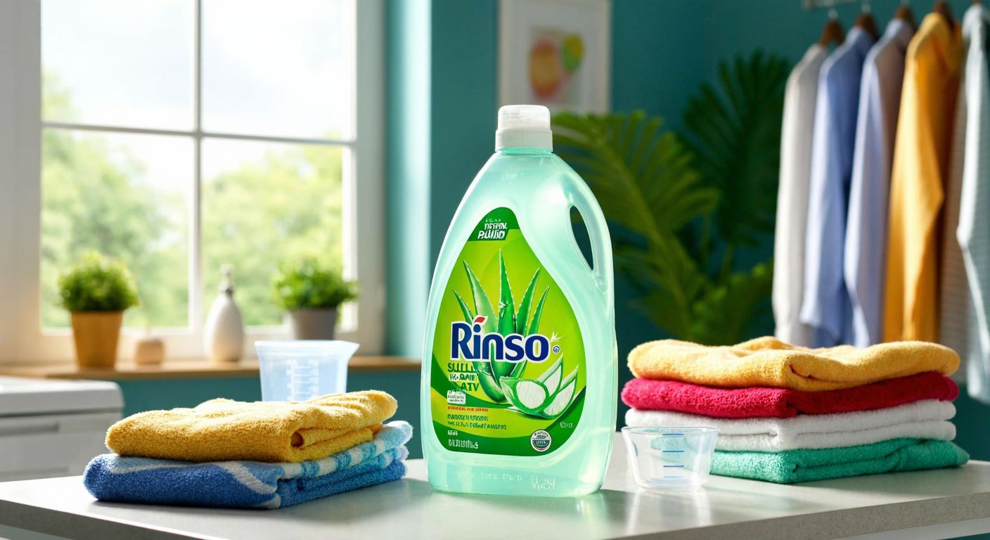 A large, transparent bottle of Rinso liquid detergent with a green aloe vera design sits on a sunny laundry room countertop, surrounded by neatly folded colorful clothes and a measuring cup, evoking a sense of cleanliness and efficiency.