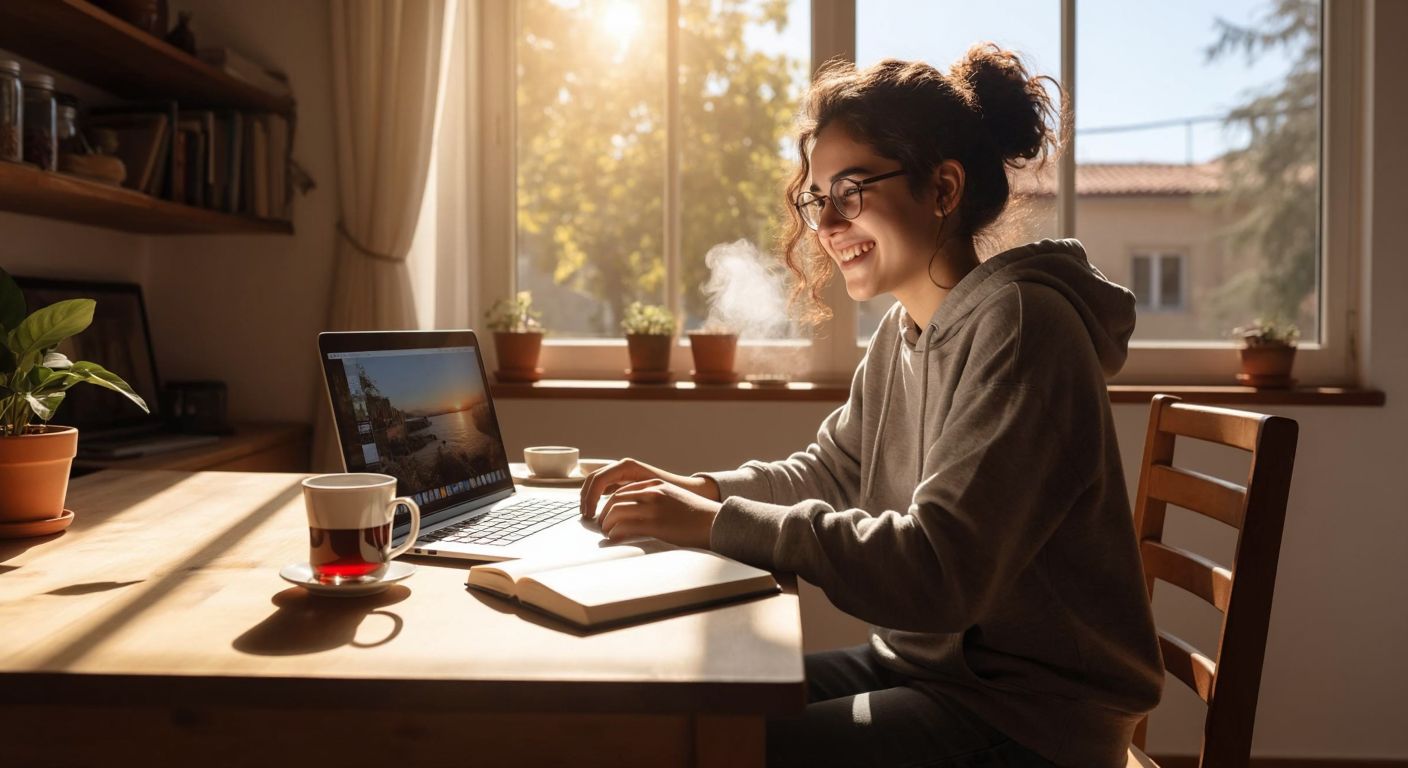 A young student in Mersin sits at a sunlit wooden desk with a laptop open, smiling while watching an online lecture, with a steaming cup of Turkish tea and a notebook beside them.