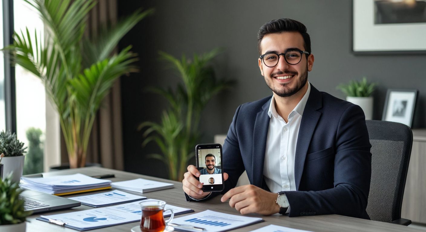 A young professional in Turkey sits at a modern desk, confidently smiling while holding a smartphone displaying a video call with a Gedik Yatırım representative, surrounded by neatly arranged documents and a steaming cup of Turkish tea.