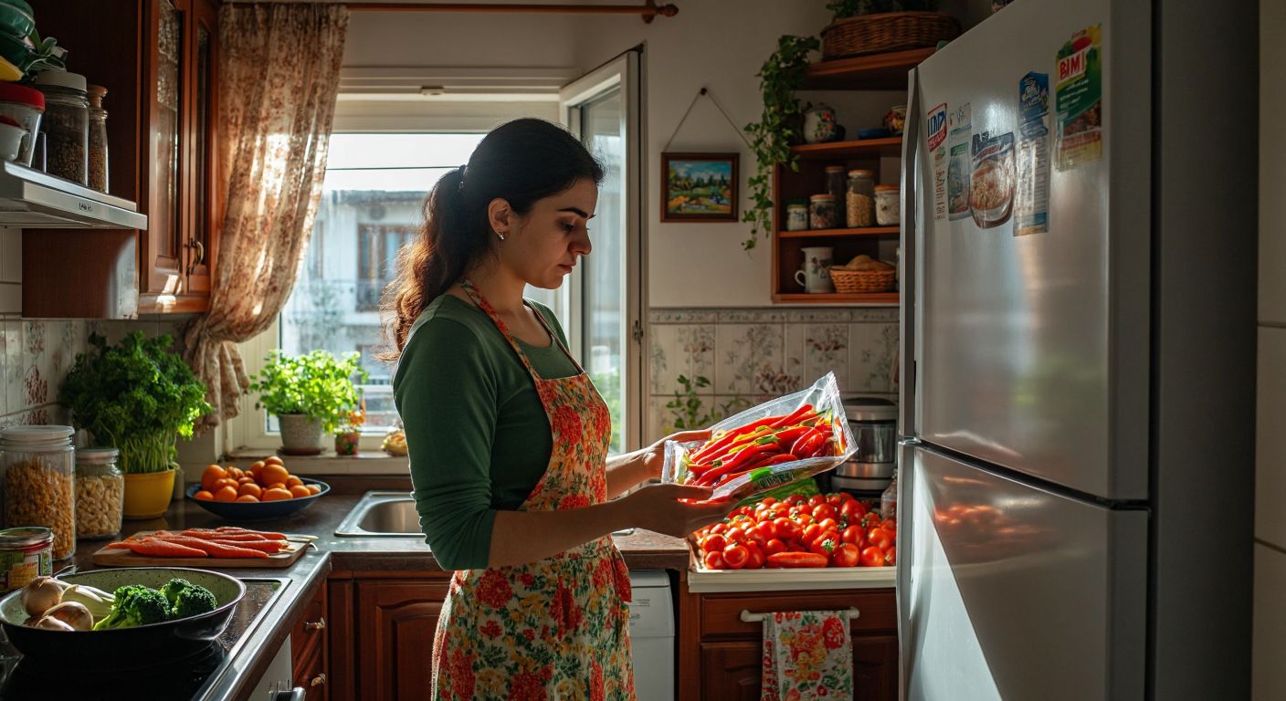A Turkish woman in a home kitchen checks a package of frozen vegetables from BİM while a refrigerator hums nearby, her expression thoughtful as she plans meals for the next few days.