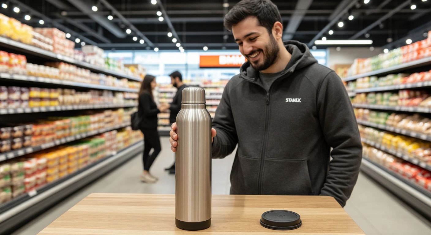 A sturdy silver Stanley thermos sits on a wooden table inside a bright BİM supermarket in Turkey, with a smiling customer in casual clothing examining its base for the distributor's mark.