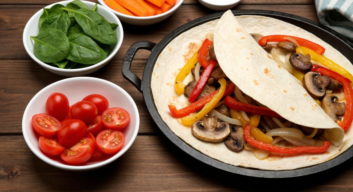 A sizzling quesadilla on a rustic wooden table, filled with colorful bell peppers, mushrooms, and onions, alongside small bowls of fresh tomatoes, spinach, and carrots.