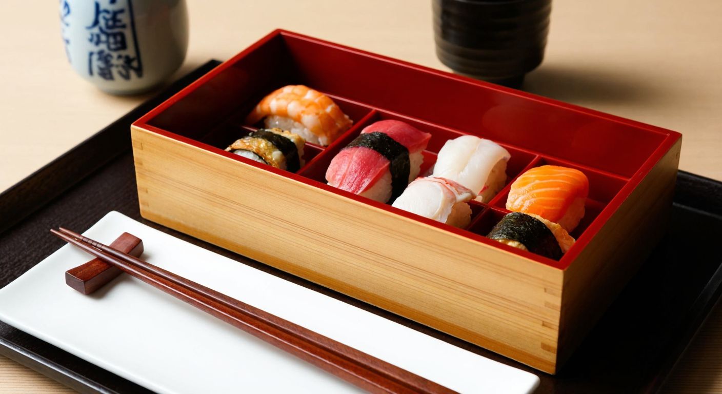 A neatly arranged wooden bento box with colorful sushi rolls inside, placed on a traditional Japanese dining table with chopsticks resting beside it.