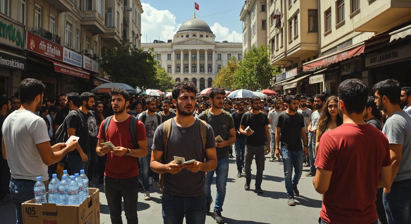 A crowded Turkish street scene with frustrated young protesters holding empty wallets, while vendors sell overpriced bottled water under a shadowy government building.