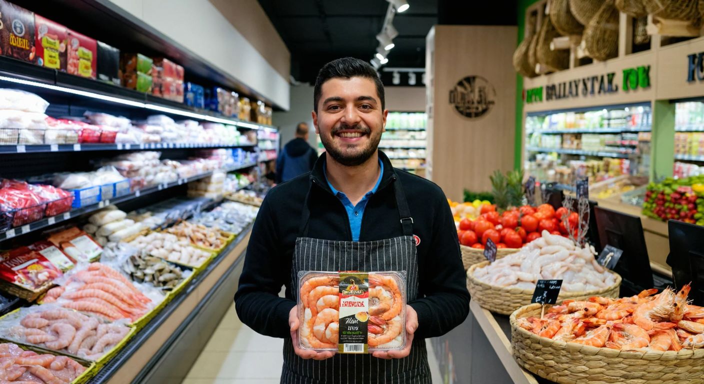 A vibrant Turkish supermarket aisle with a smiling shopper holding a package of fresh shrimp labeled "Balık Dünyası," surrounded by colorful seafood displays and traditional Turkish grocery items.