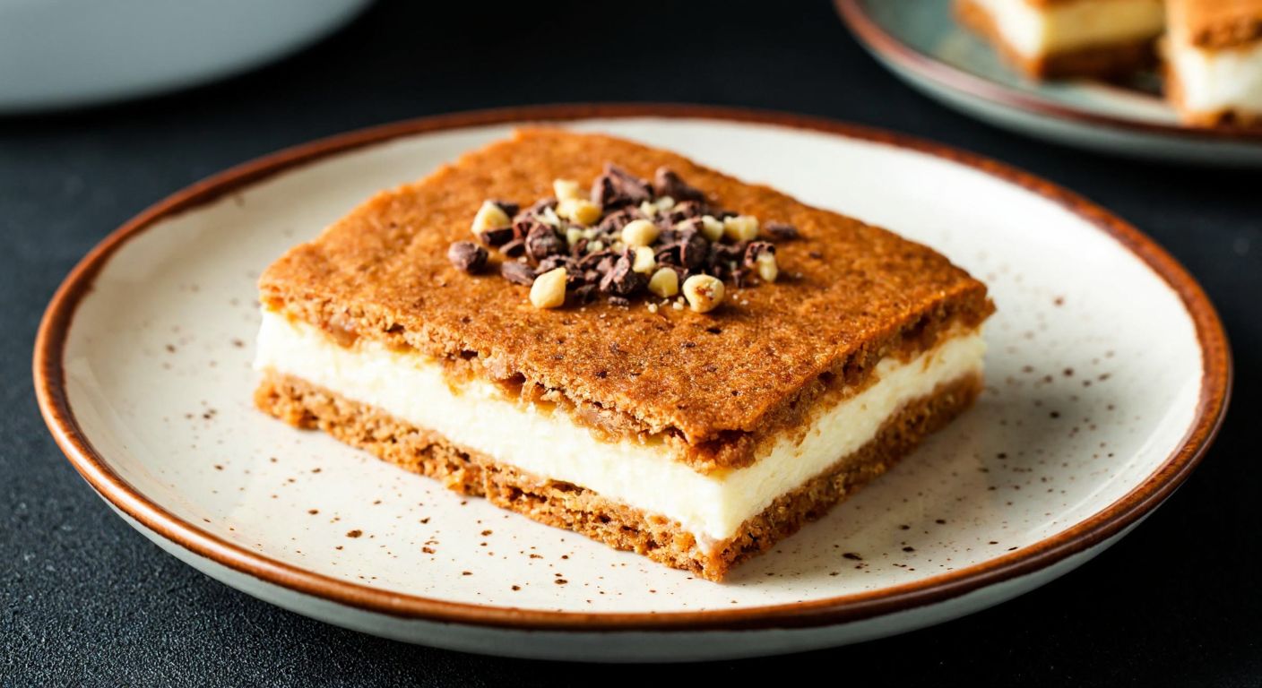 A golden-brown burçak biscuit base layered with creamy white muhallebi, topped with crushed hazelnuts and a sprinkle of chocolate shavings, resting on a rustic Turkish ceramic plate.