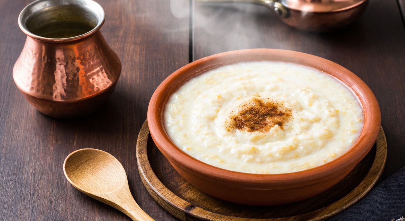 A steaming clay bowl filled with thick, creamy **lapa** (porridge) sits on a wooden table, garnished with a sprinkle of cinnamon, beside a small copper pot and a wooden spoon, evoking warmth and simplicity in a Turkish kitchen.
