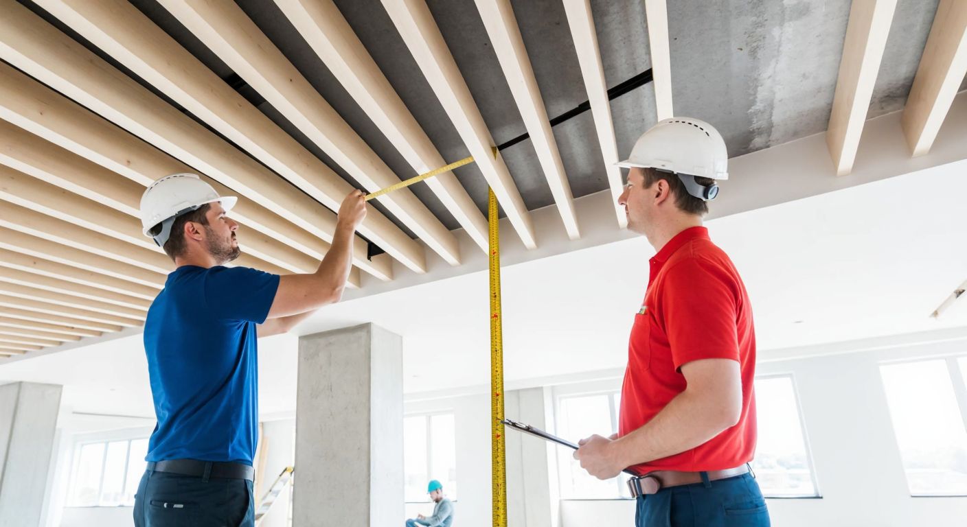 A construction worker in a hard hat measures a modern baffle ceiling with a tape measure in a bright, unfinished building interior, while another worker writes calculations on a clipboard nearby.