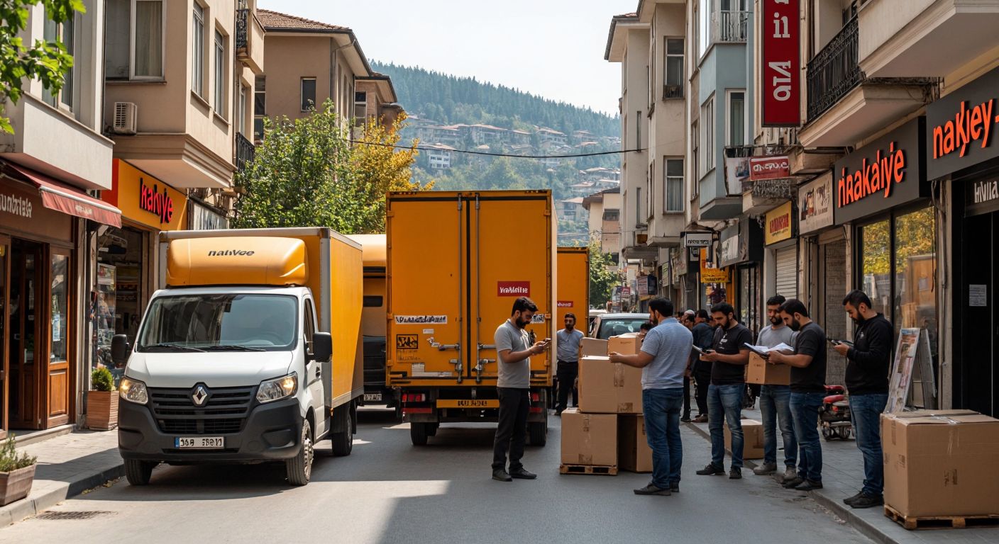 A bustling street in Bursa with moving trucks parked outside small offices, workers loading furniture, and people consulting maps or smartphones while standing near storefronts displaying "nakliye" signs.