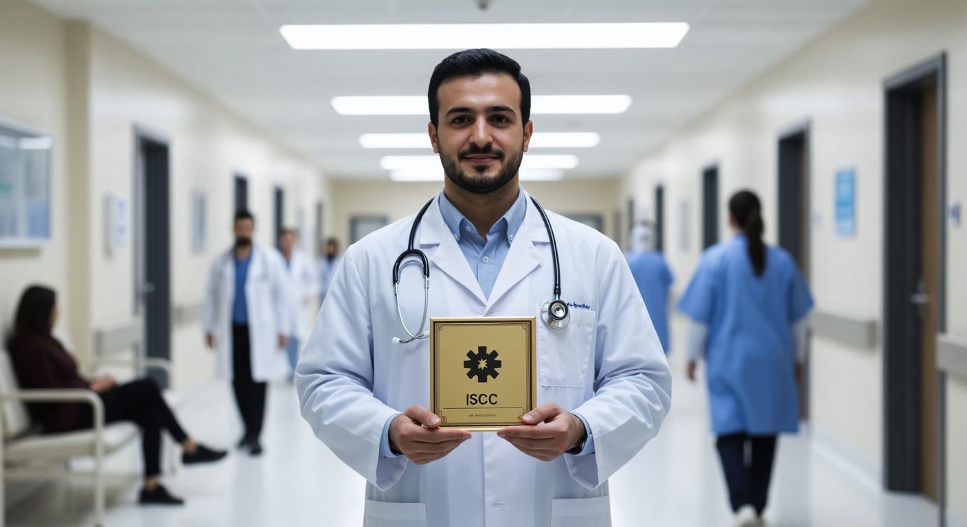 A Turkish doctor in a white coat holds two golden certificates—one labeled with a medical cross (JCI) and the other with a gear (ISO)—while standing in a bright, modern hospital corridor with patients in the background.  

*(Note: The "medical cross" and "gear" are symbolic representations of the focus areas of JCI and ISO, respectively, but are not written labels or text.)*