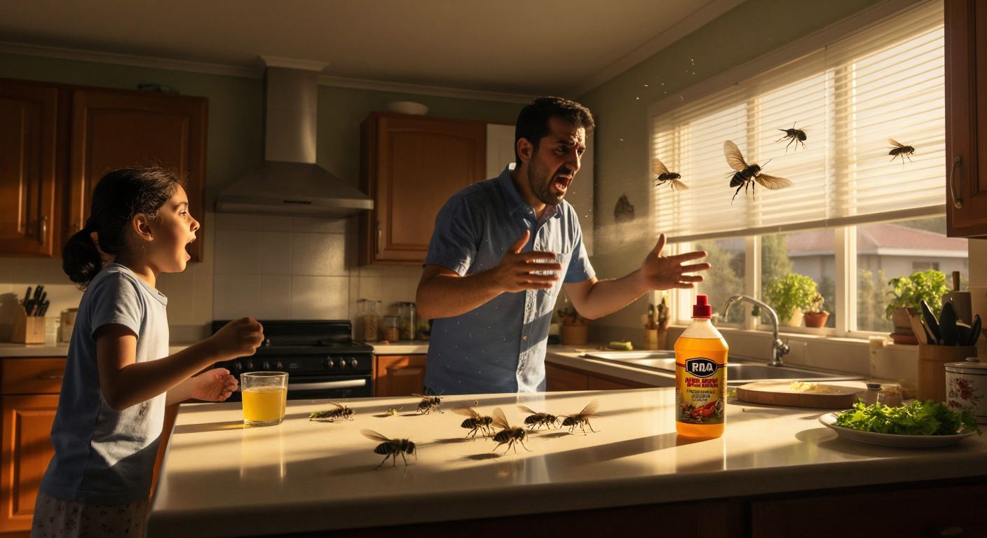 A frustrated Turkish family swats at buzzing flies in a sunlit kitchen, with a Raid insect repellent bottle sitting unused on the counter.