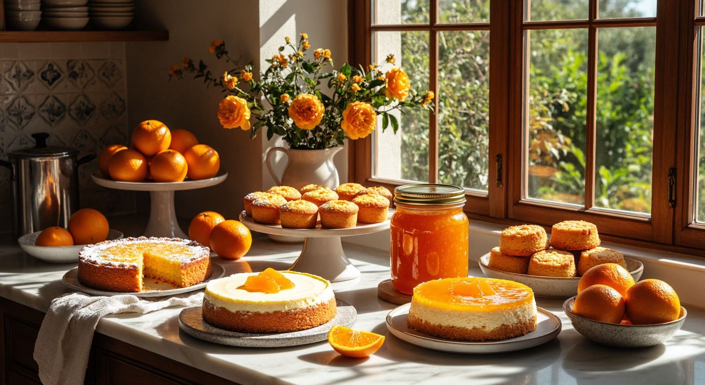 A sunlit Turkish kitchen counter displays a golden orange marmalade jar surrounded by freshly baked desserts—a moist orange cake, delicate cookies, a creamy cheesecake topped with marmalade, a shimmering orange pudding, and a syrup-soaked revani—all radiating warmth and citrusy sweetness.