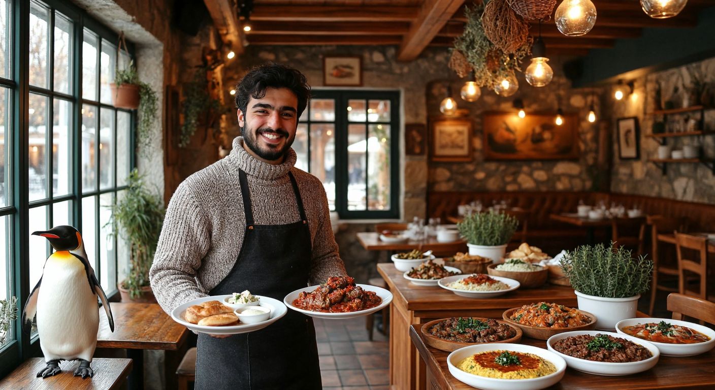 A cozy winter restaurant in Çeşme with a penguin-themed decor, warm lighting, and steaming plates of traditional Turkish dishes served by a smiling waiter in a knitted sweater.