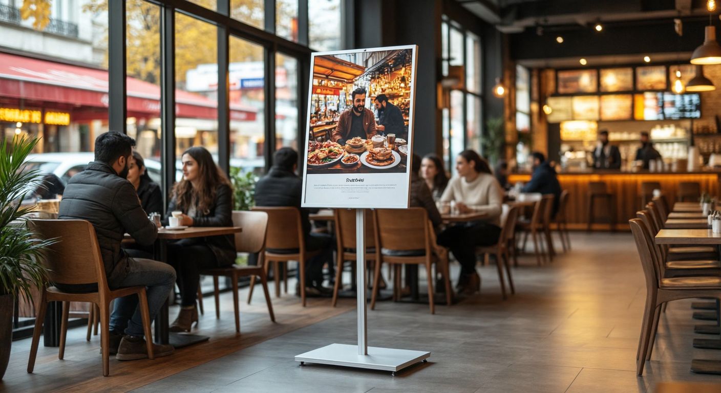 A sleek, silver aluminum stand with a T-shaped base and an openable frame, placed in a bustling Turkish café, displaying a vibrant poster while people chat nearby.