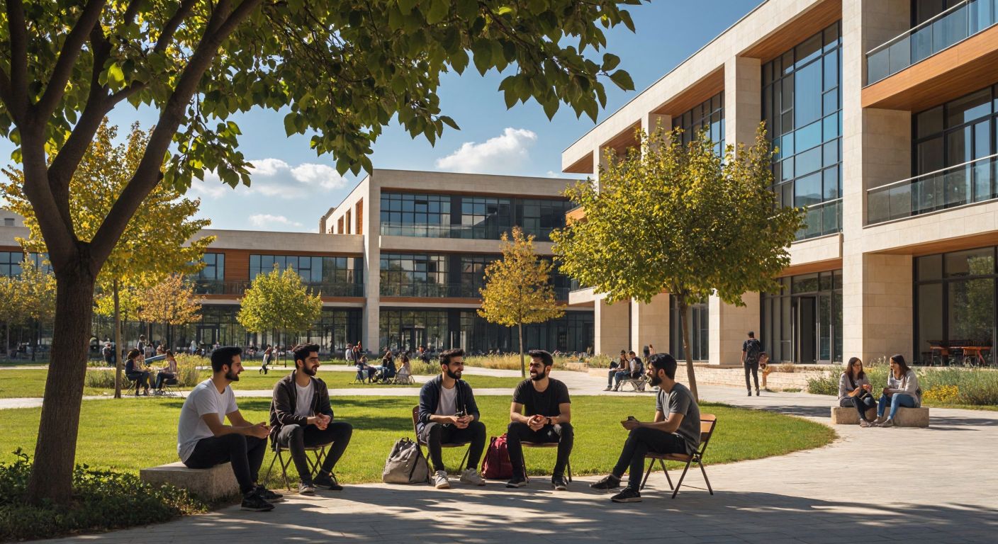A modern university campus in Düzce, Turkey, with students chatting under leafy trees, some smiling while others look thoughtful, framed by a mix of traditional and contemporary academic buildings.
