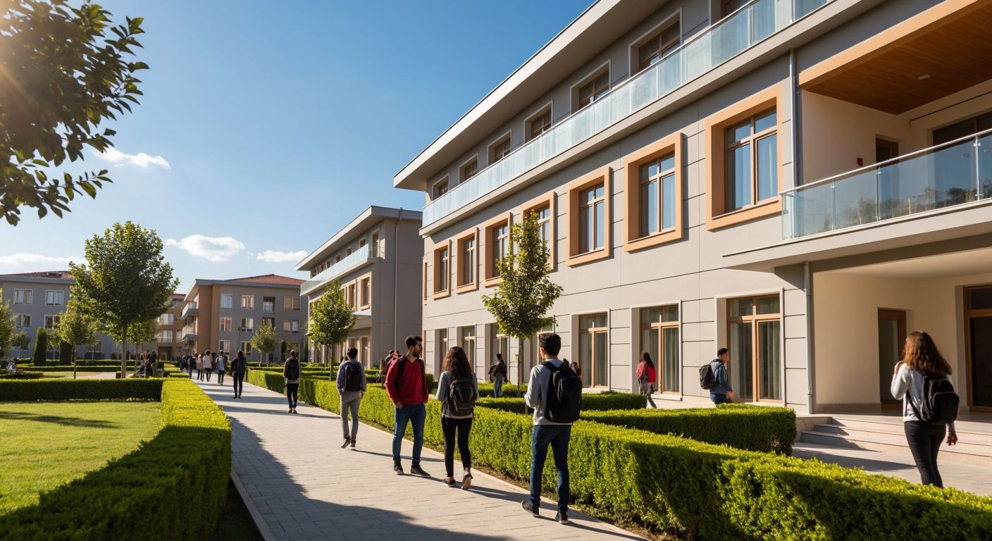 A modern Turkish high school building with separate dormitory wings for boys and girls, surrounded by neatly trimmed hedges and students carrying backpacks, chatting cheerfully under a sunny sky.