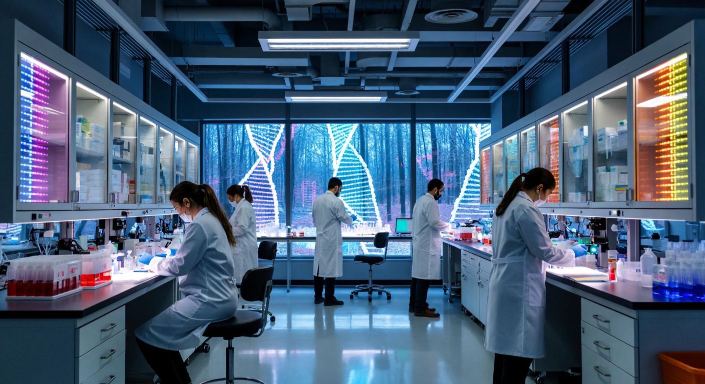 A modern laboratory with Turkish scientists in white coats examining DNA samples under bright lights, surrounded by high-tech equipment and colorful genetic sequencing charts.