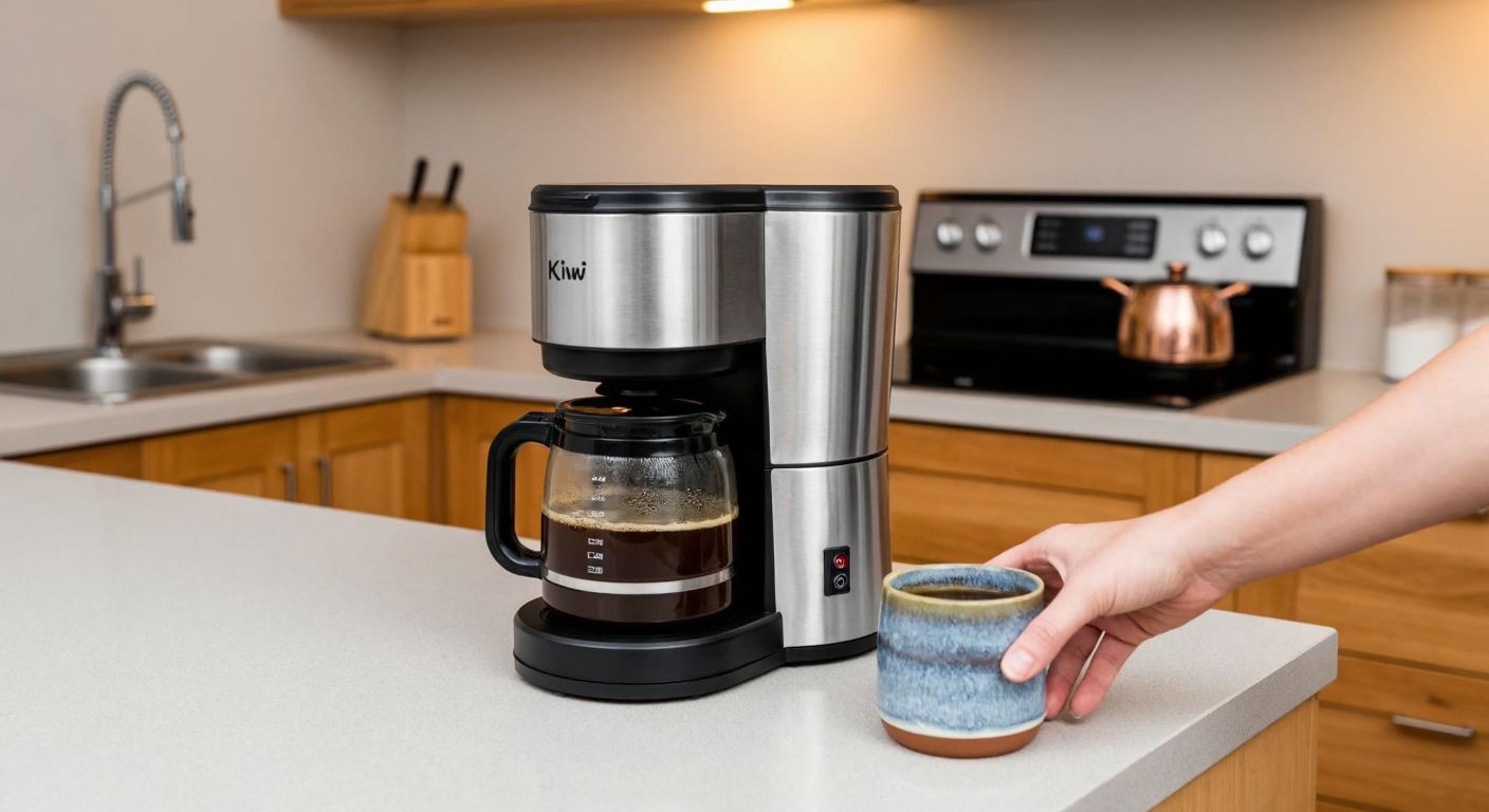 A modern Turkish kitchen with a stainless steel Kiwi KCM 7542 coffee maker on a countertop, steam rising from freshly brewed coffee, a ceramic cup beside it, and a person’s hands pouring water into the machine’s reservoir.
