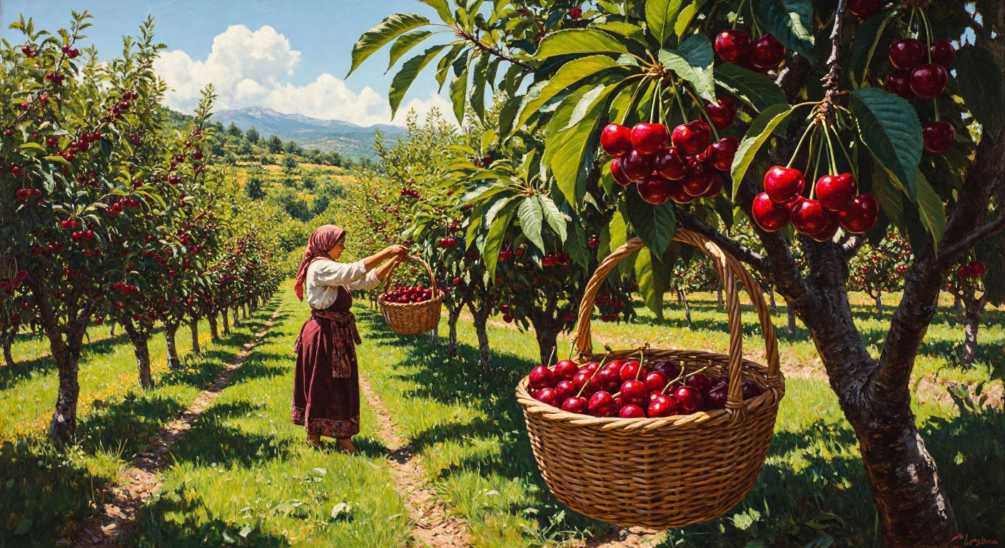 A sunlit Turkish orchard with vibrant green leaves and clusters of ripe red cherries hanging from branches, while a farmer in traditional clothing carefully picks them into a woven basket.