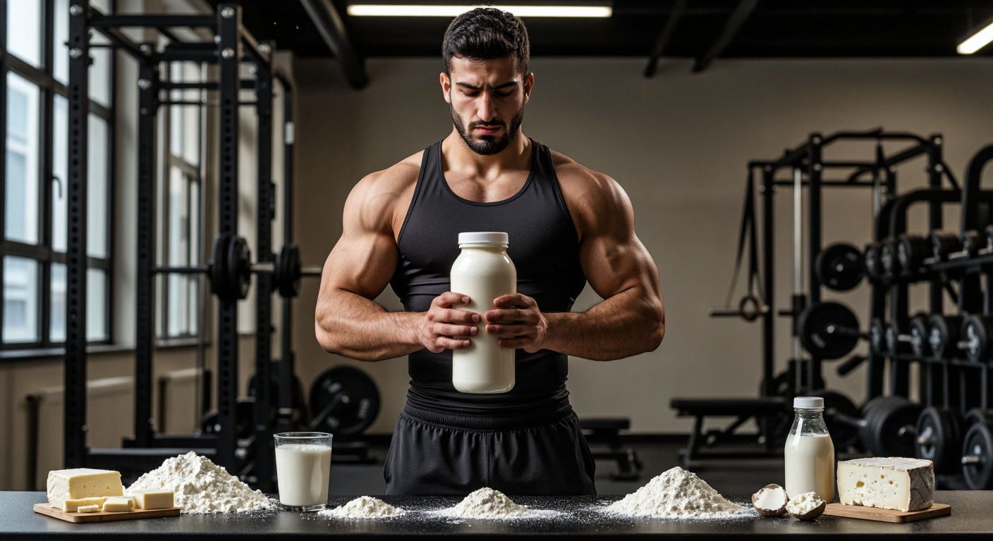A muscular Turkish athlete in a gym, holding a shaker bottle filled with a creamy protein shake, surrounded by scattered scoops of protein powder and fresh dairy products like milk and cheese.