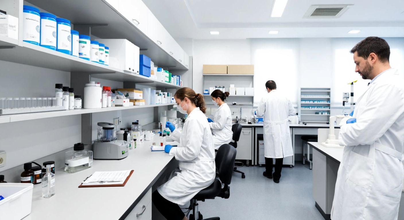 A modern pharmaceutical laboratory in Italy with scientists in white coats examining test tubes and medical documents, surrounded by shelves of medicine bottles and advanced research equipment.