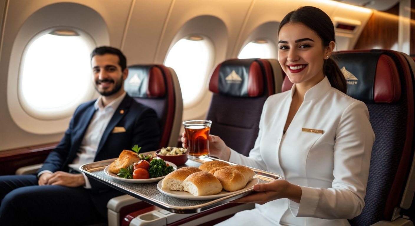 A smiling flight attendant in a crisp uniform presents a silver tray with elegant Turkish meze, warm bread, and a glass of çay to a relaxed passenger in a spacious First Class cabin.