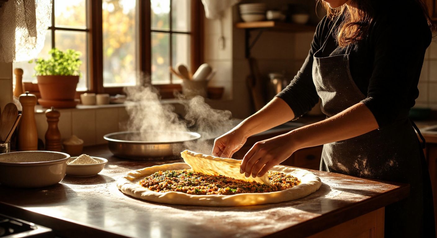 A Turkish kitchen counter with a woman’s hands carefully rolling thin yufka dough around a savory filling, dusted lightly with flour, under warm golden light.