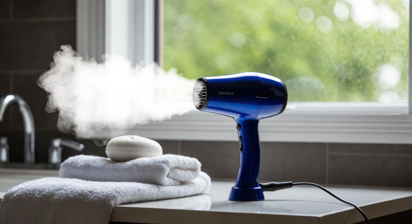 A sleek, modern hair dryer in deep blue rests on a bathroom counter with steam rising from its nozzle, surrounded by soft towels and natural light filtering through a frosted window.