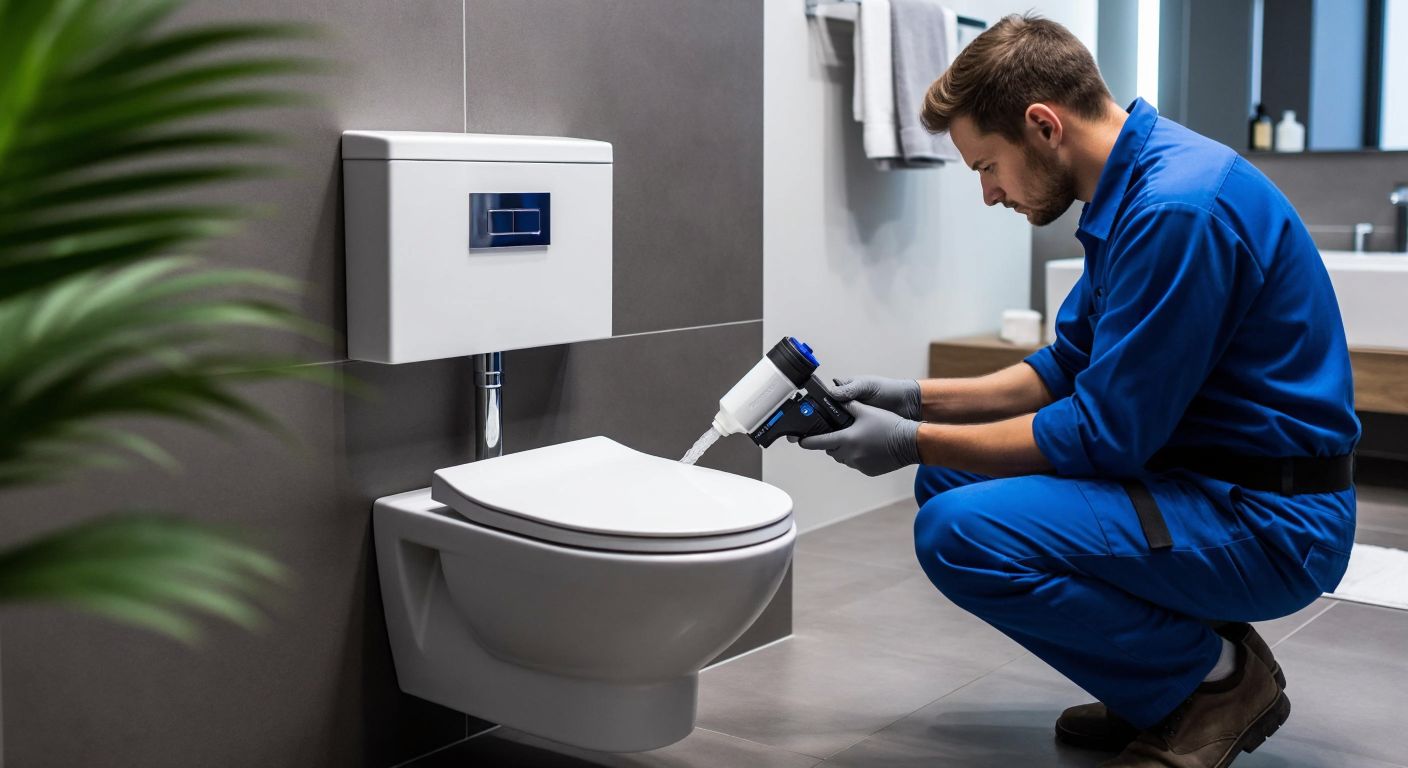 A modern white toilet with a sleek Geberit flush tank embedded in the wall, its chrome-plated float valve glinting under warm bathroom lighting, while a plumber in a blue work uniform adjusts the water level with a focused expression.